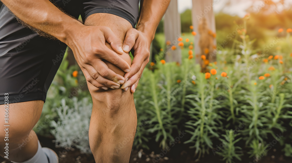 Knee joint pain in Caucasian man. Concept of osteoarthritis, rheumatoid arthritis or ligament injury Knee joint pain in Caucasian man. Concept of osteoarthritis, rheumatoid arthritis or ligament injury