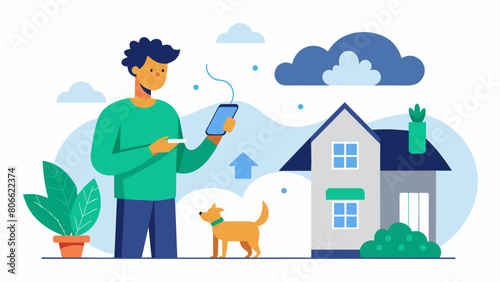 A pet owner checking the temperature and humidity levels in their home through a cloudbased monitoring system to ensure their pets comfort.. Vector illustration