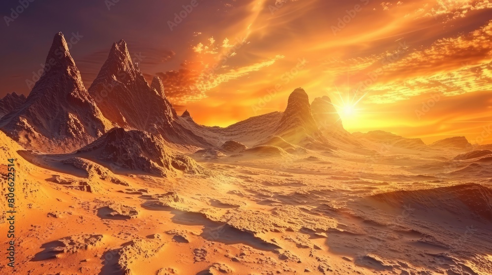 Naklejka premium Panoramic view of colorful sunrise or sunset in mountains. Beautiful sky and rocks. Aerial view. Prehistoric earth. Ai-generated.