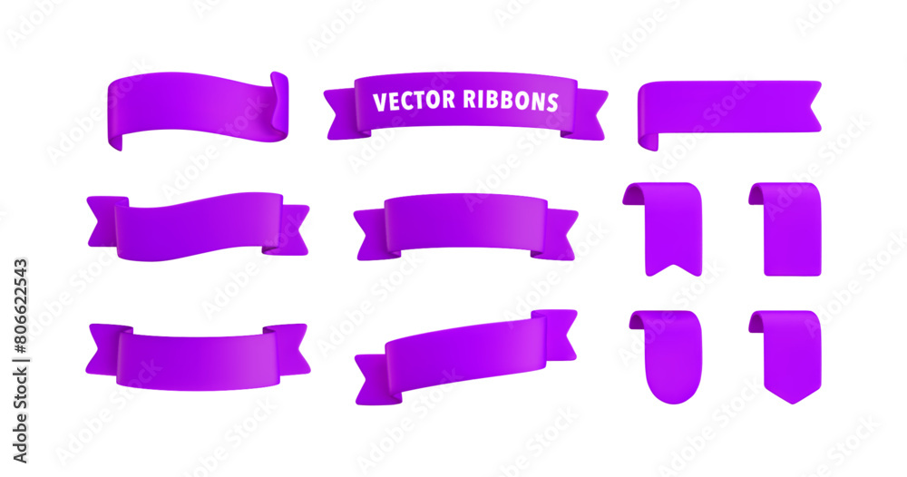 Vector Realistic 3d Ribbons and tags set. Cartoon 3d violet ribbons collection on white background. Trendy design element, decorative sticker. Cute folded ribbon for sale banner, advert, game, app.