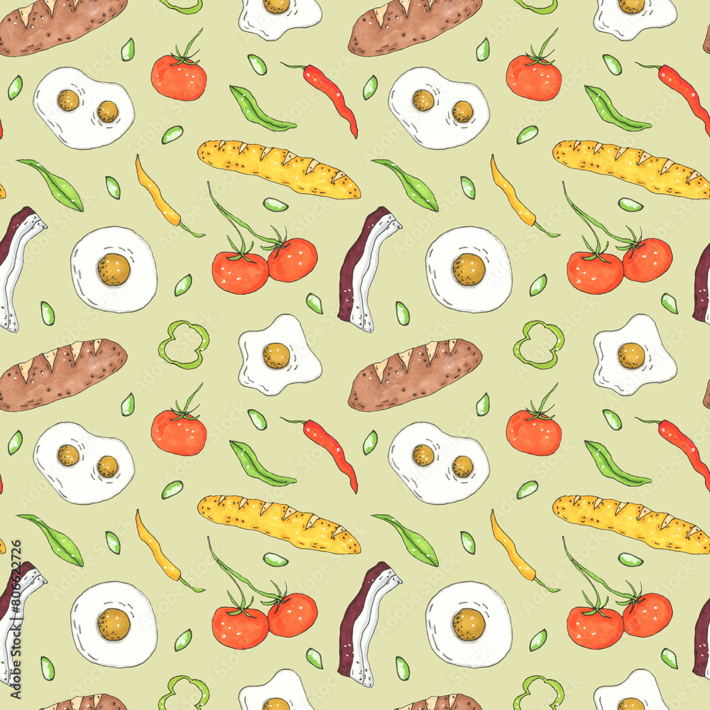 Hand drawn breakfast food seamless pattern. Illustration for fabric und textile design, wallpaper, packaging, food design, menu design, decoration.