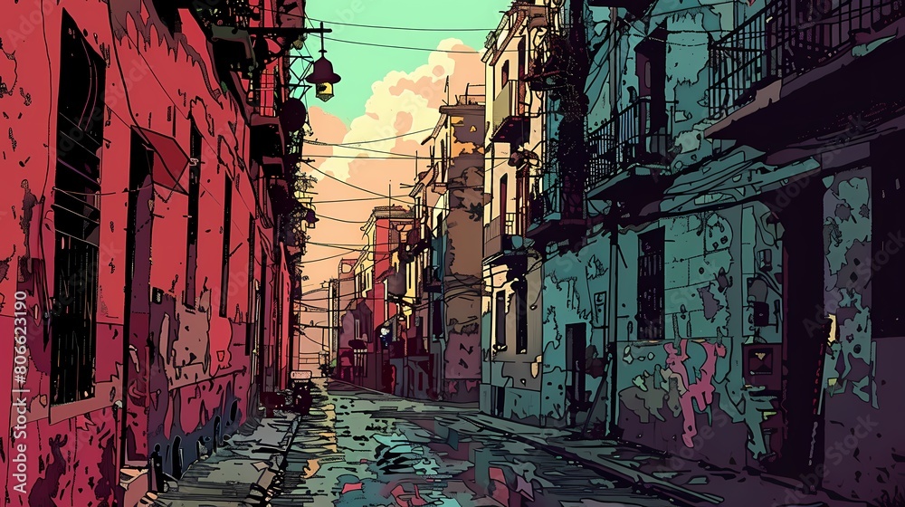 Fototapeta premium Green and pink town street scene illustration poster background