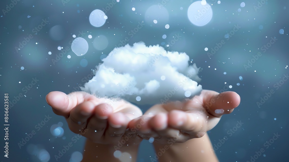 Generate an image of a hand holding a glowing blue cloud. The hand should be in the center of the image with the cloud sitting in the palm. Generate an image of a hand holding a glowing blue cloud. The hand should be in the center of the image with the cloud sitting in the palm.