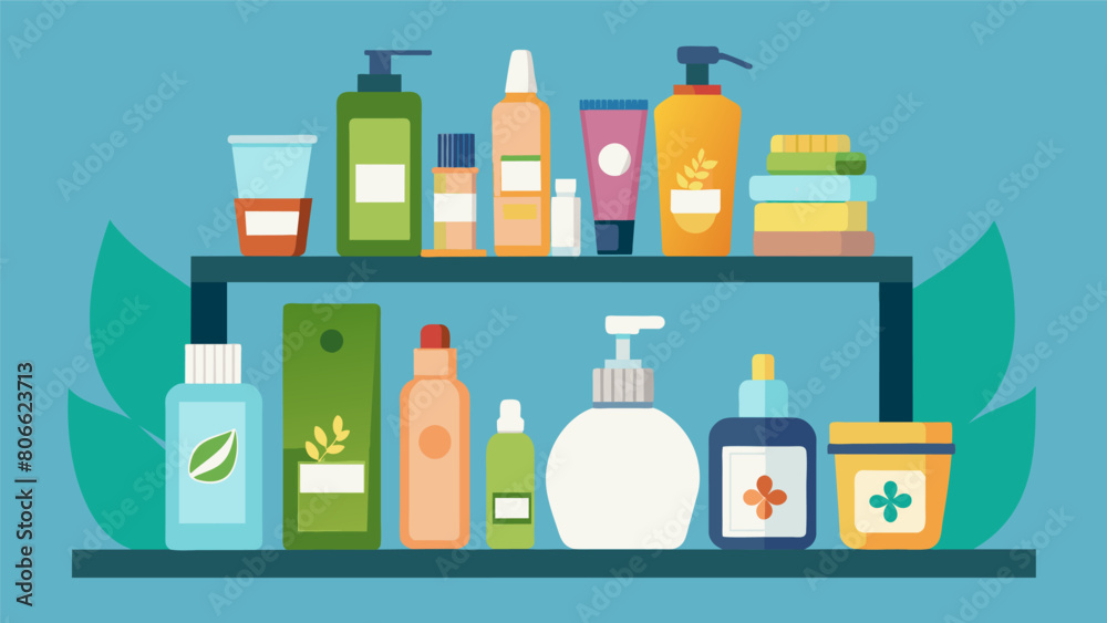 A shelf of natural and nontoxic beauty products specifically designed for pregnant women including ecofriendly stretch mark creams and bath oils.. Vector illustration A shelf of natural and nontoxic beauty products specifically designed for pregnant women including ecofriendly stretch mark creams and bath oils.. Vector illustration