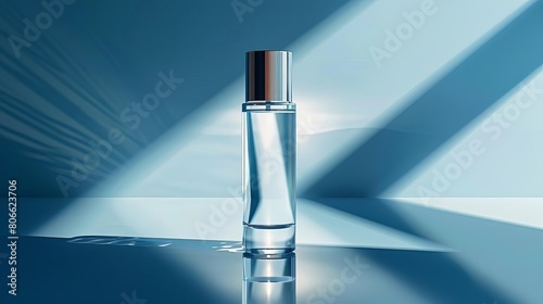 Highend cosmetic toner in a sleek, glass bottle, positioned on a reflective surface to emphasize the luxury and elegance of the product design
