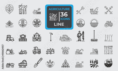 Set of 36 line icons related to Farm & Agriculture. Outline icon collection. Editable stroke. Vector illustration