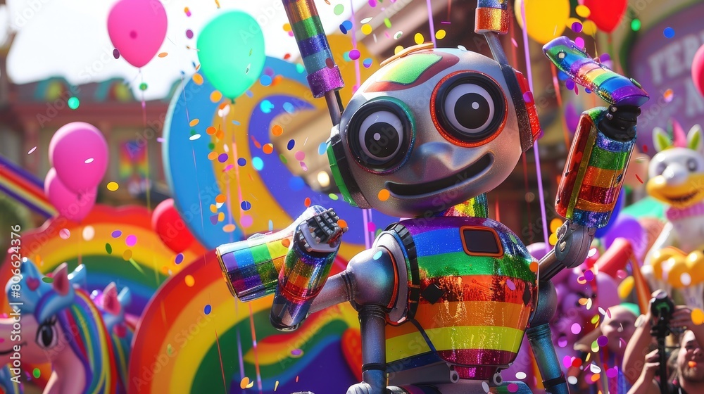 Expressive rainbow robot surrounded by whimsical Pride scene