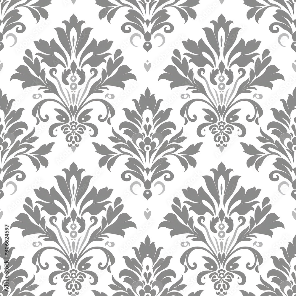 Seamless elegant gray and white damask wallpaper design. This seamless pattern features intricate floral and leaf motifs ideal for luxurious interior decoration or textile applications