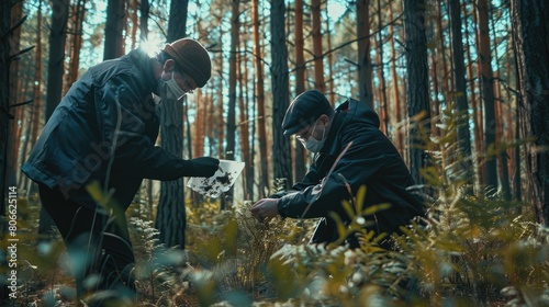 Detectives collecting evidence in a crime scene. Forensic specialists making expertise. Police officers and investigation in forest. Ai-generated. © Acronym