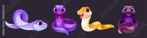 Cute snake cartoon character vector. Funny serpent animal baby isolated set. Tropical poisonous mascot in purple and yellow clipart collection. Wild curious safari hunter with tail for zoo