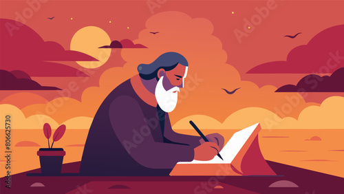 A philosopher writes in his journal his pen moving steadily as the sun sets outside his window contemplating the Stoic idea of living in the present. Vector illustration