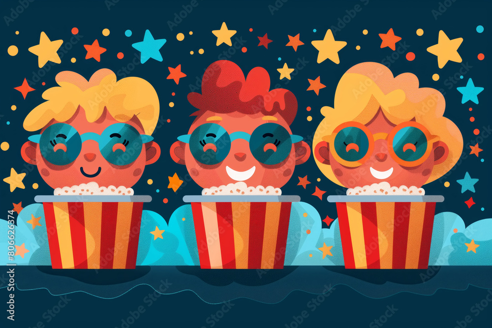 Fototapeta premium Illustration of three children in glasses with popcorn watching a movie