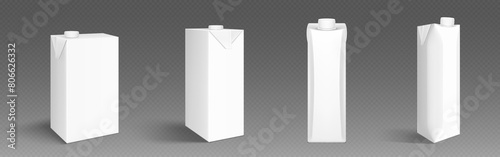 Milk or juice carton 3d white blank pack mockup. Isolated drink package template in vector. Empty realistic beverage bottle packet for presentation and marketing. Cardboard container side and front