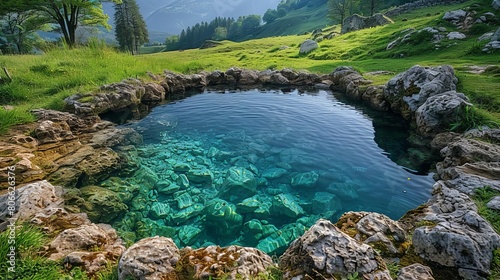 A crystal clear natural spring bubbles up from the earth, its waters reflecting the sky above