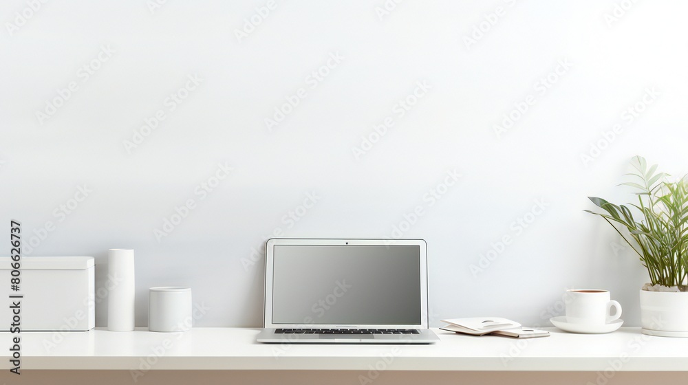 A sleek silver laptop viewed from the front on a minimal white table surrounded by work elements - a notepad, pencil holder and stacks of paper in a peaceful modern office A sleek silver laptop viewed from the front on a minimal white table surrounded by work elements - a notepad, pencil holder and stacks of paper in a peaceful modern office