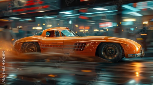 A retro futuristic orange sports car speeds through a rainy city street at night  leaving a trail of water in its wake