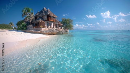 A beautiful beach house sits on a white-sand beach. The water is crystal clear and the sky is azure blue.