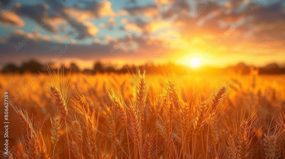 A golden wheat field stretches to the horizon, the stalks rippling in the gentle breeze A golden wheat field stretches to the horizon, the stalks rippling in the gentle breeze