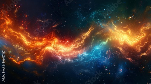 A colorful space scene with orange and blue lights. The colors are bright and vibrant, creating a sense of energy and excitement. The image is a work of art, with the colors