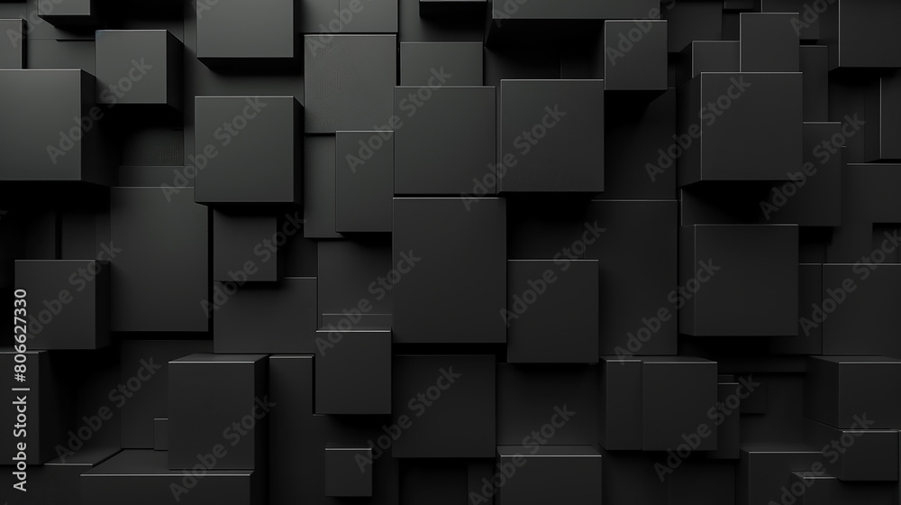 Abstract black 3d square blocks background. Black cubes abstract background. Random mosaic shapes. Geometric backdrop. Futuristic interior concept. Square tiles. Business or corporate design element. Abstract black 3d square blocks background. Black cubes abstract background. Random mosaic shapes. Geometric backdrop. Futuristic interior concept. Square tiles. Business or corporate design element.