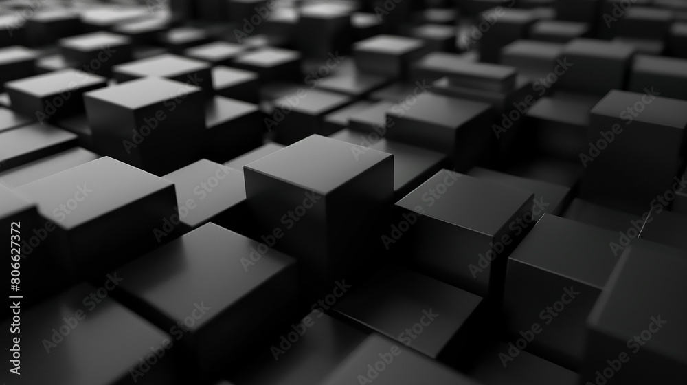 Abstract black 3d square blocks background. Black cubes abstract background. Random mosaic shapes. Geometric backdrop. Futuristic interior concept. Square tiles. Business or corporate design element.