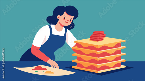 A woman carefully arranges layers of lasagna making sure every corner is evenly coated with sauce and cheese..