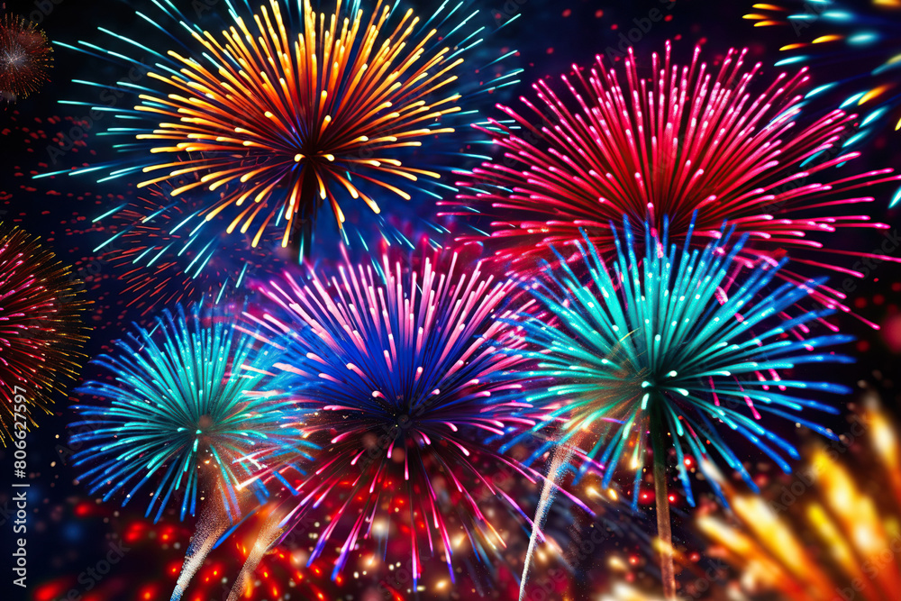 Generative ai on theme festive brightly fireworks on twilight background high in dark sky Generative ai on theme festive brightly fireworks on twilight background high in dark sky