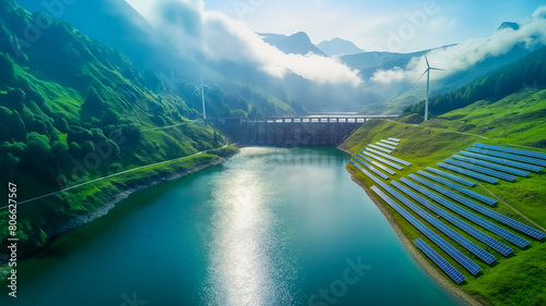 Renewable green energy concept with hydro power, wind power and solar power with copy space photo