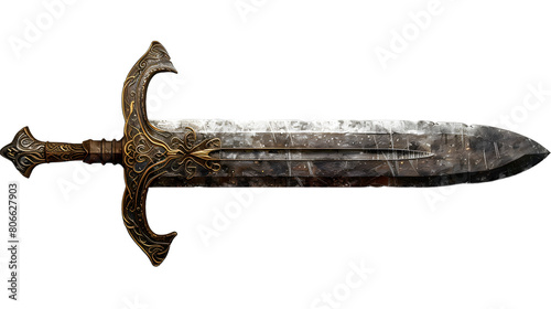 A medieval broadsword with intricate handle designs isolated on a white transparent background photo