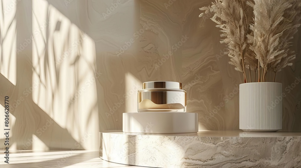 Artistic representation of a luxury skincare cream jar, displayed in a minimalist setting to highlight its sleek design and elegant packaging Artistic representation of a luxury skincare cream jar, displayed in a minimalist setting to highlight its sleek design and elegant packaging