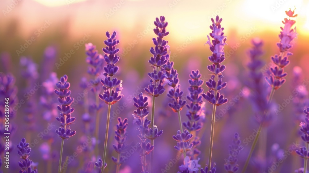 A field of purple lavender flowers with the sun setting in the background A field of purple lavender flowers with the sun setting in the background