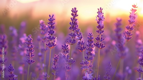 A field of purple lavender flowers with the sun setting in the background