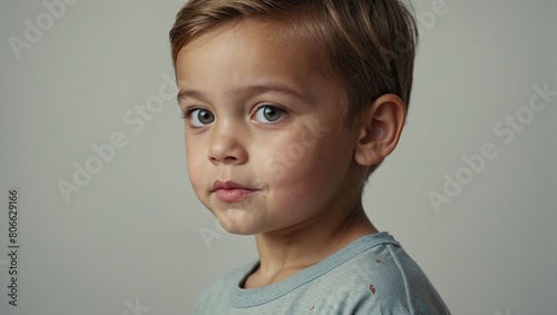 Cute young child with prominent protruding ears on a light background