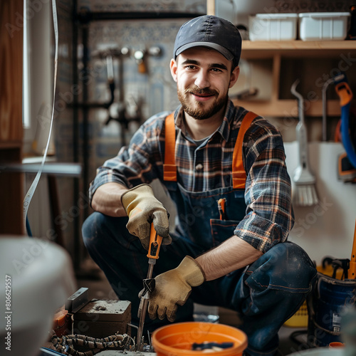 handsome male plumber in work clothes, doing work and looking at camera smiling
