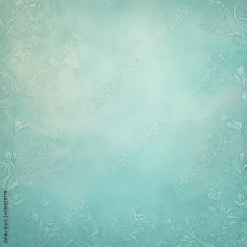 Cyan soft pastel color background parchment with a thin barely noticeable floral ornament, wallpaper copy space, vintage design blank copyspace