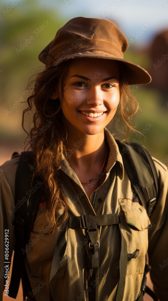 Smiling woman in safari outfit