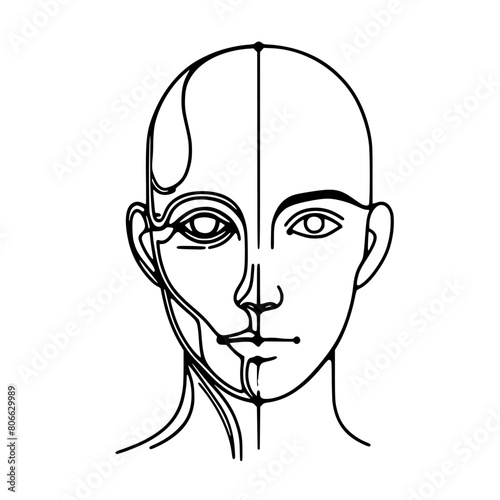 Minimal AI artificial intelligence and digital technology idea face conceptual.humanoid  line art.continuous line drawing.