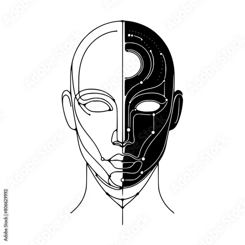 Minimal AI artificial intelligence and digital technology idea face conceptual.humanoid  line art.continuous line drawing.