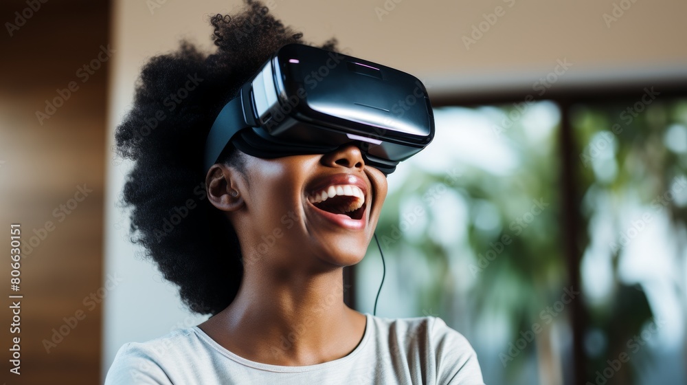woman using virtual reality headset with excitement woman using virtual reality headset with excitement