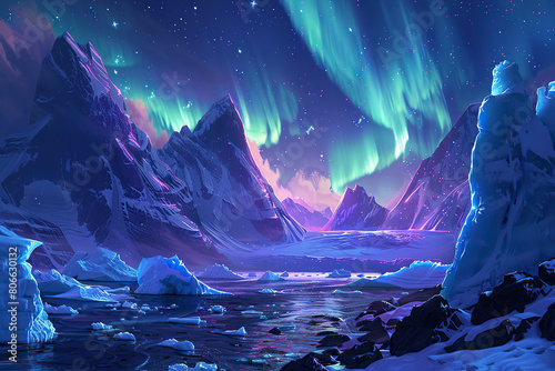 Generative ai on theme of beautiful northern lights, bright aurora borealis winter in atmosphere © oleg525