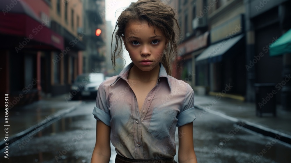 young girl in city street