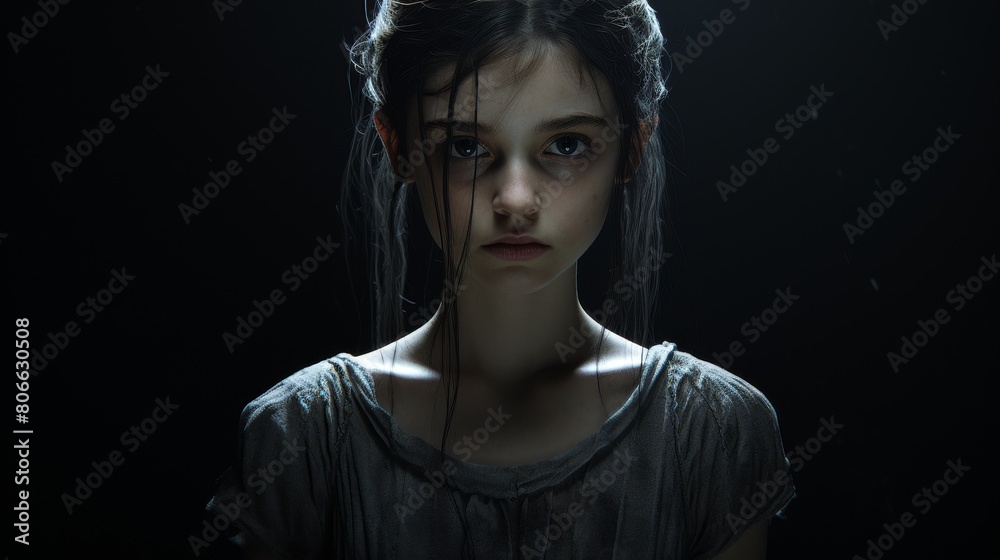 Mysterious and haunting young woman in the dark Mysterious and haunting young woman in the dark