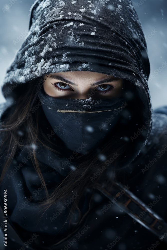 mysterious woman in snowy winter landscape mysterious woman in snowy winter landscape
