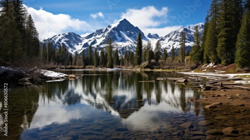 Serene mountain lake surrounded by snowy peaks and pine trees