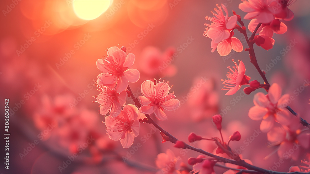 Sunset Radiance on Blossoming Cherry Branches
