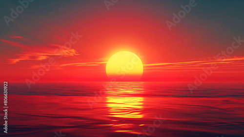 Vivid Red Sunset Over Ocean Horizon 