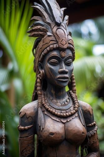 Ornate tribal wooden statue in a lush green jungle setting
