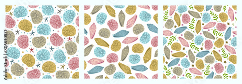 Seashells seamless vector patterns set. Nautilus, conical and spiral shells among seaweed, starfish. Underwater animals on the sea bottom, ocean creatures. Hand drawn ornaments, marine backgrounds
