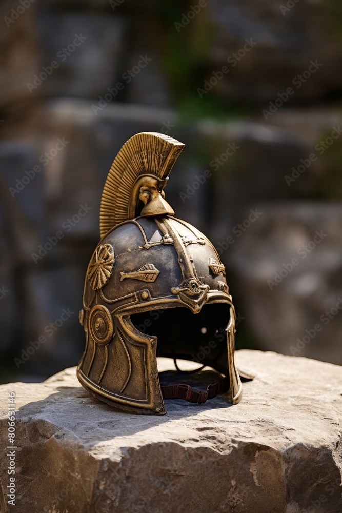 Ancient greek spartan warrior helmet on stone