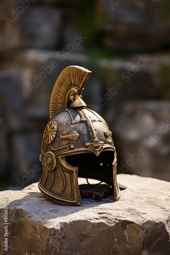 Obraz na płótnie Ancient greek spartan warrior helmet on stone w salonie